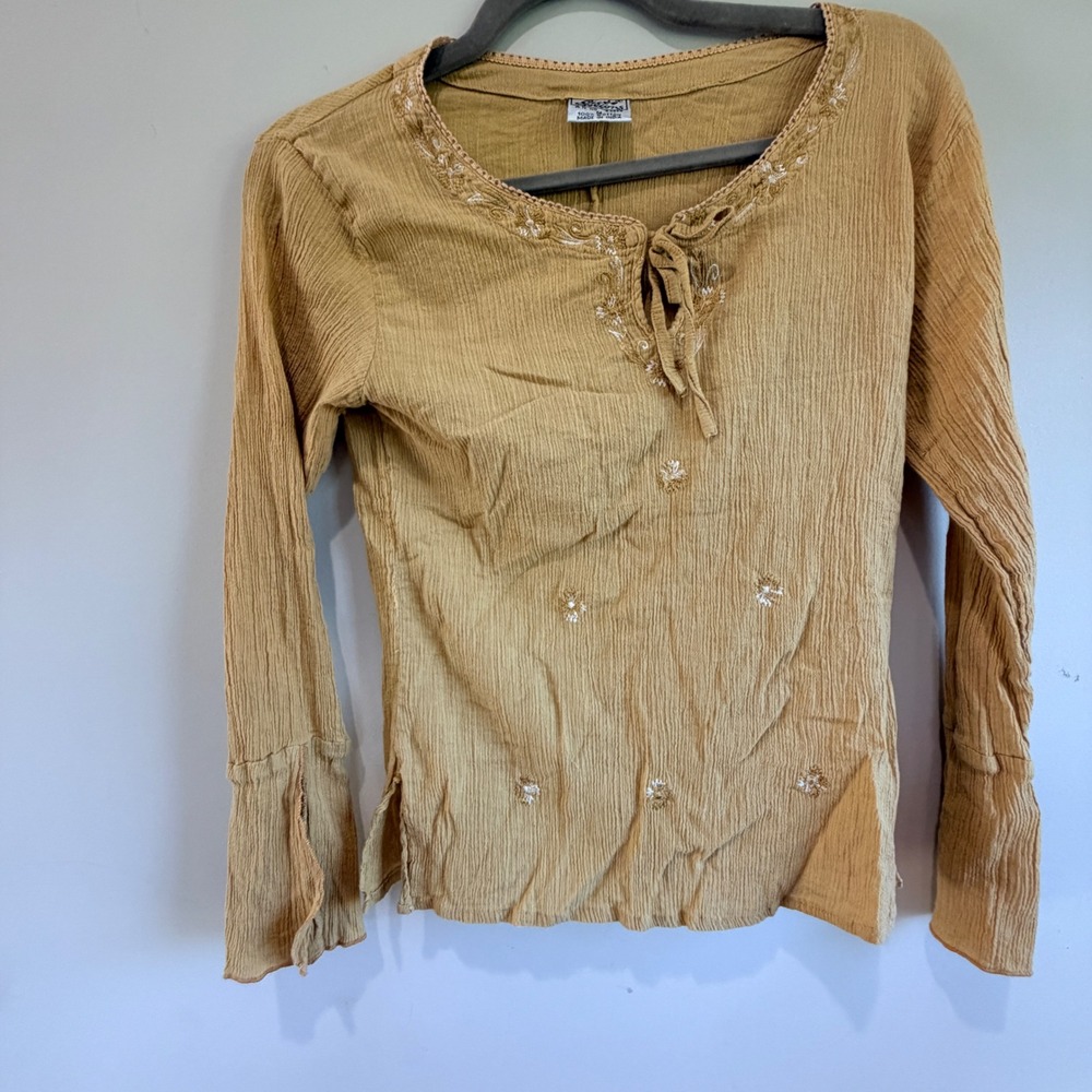 VTG Cute Options Embroidered Gauze Top Women Medium Tan Cotton Boho Fairy Indie